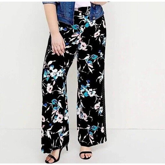 Lane Bryant Pants - Lane Bryant Floral Dot Wide Leg Crepe Pants Black Mixed Print Size 14/16 H14843